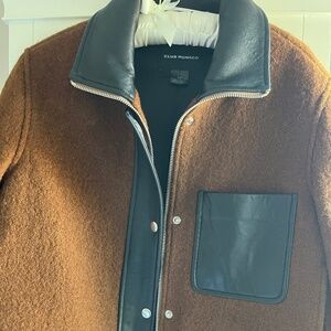 Club Monaco Cropped Wool Leather Combo Manteaux Jacket Size Large NWT Brown